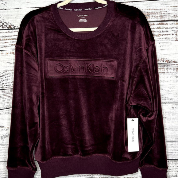 Calvin Klein Velvet Logo Crew Neck Sweatshirt Maroon LG NWT - Picture 1 of 3